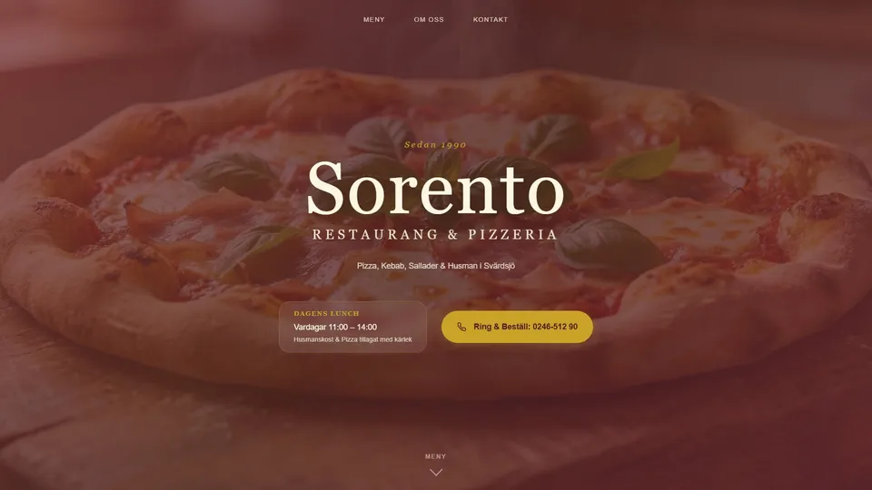 Startsidan på Sorento Pizzerias hemsida, sorentopizza.se