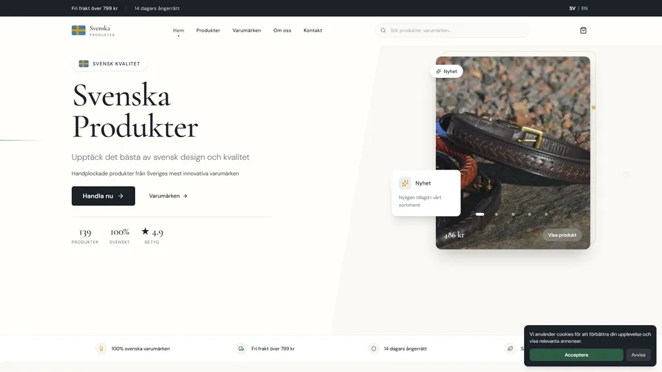 Startsidan på webbutiken svenskaprodukter.se